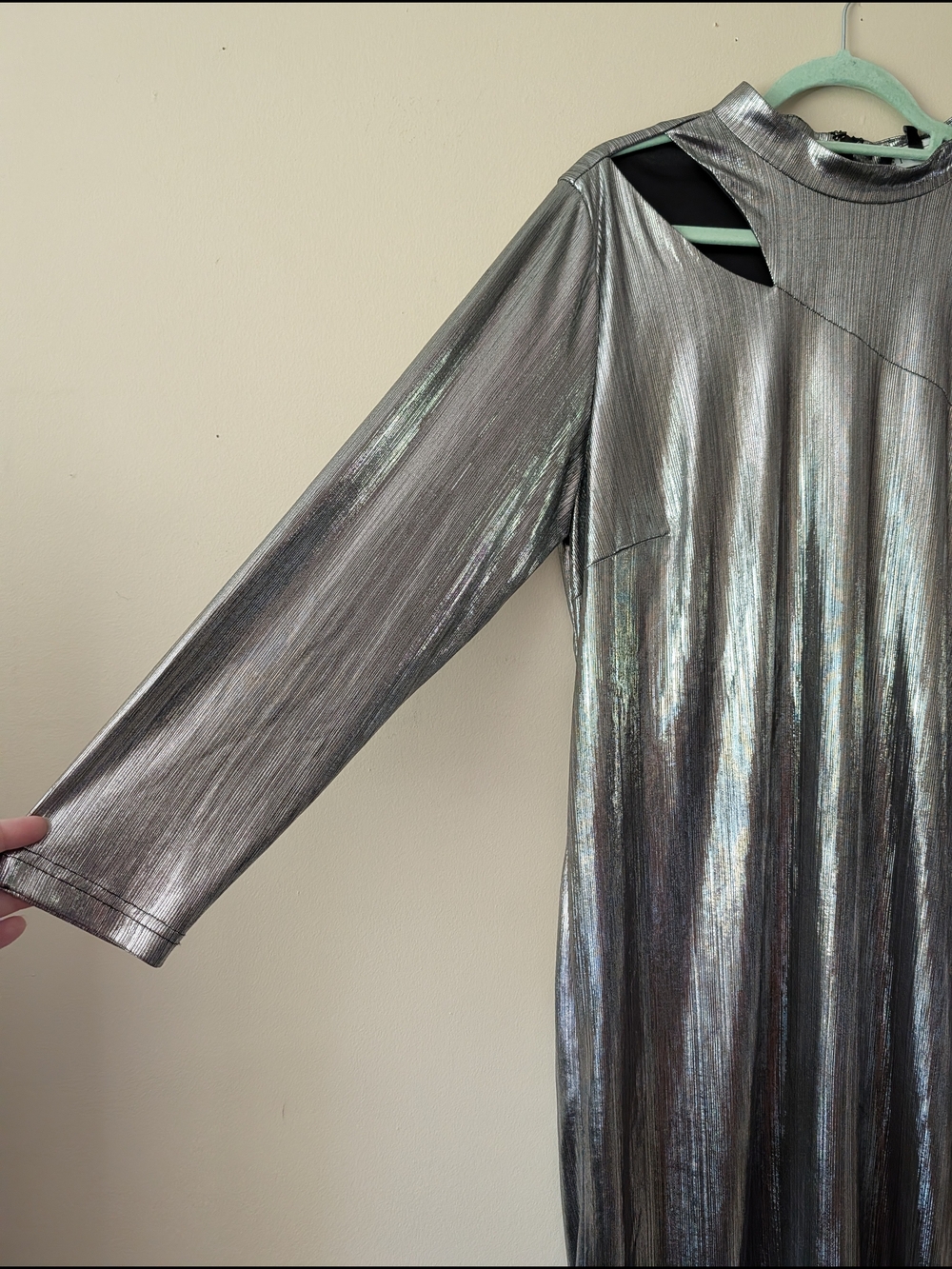 Eloquii Metallic Silver Long Sleeve Midi Dress with Cutout Size 18 - Picture 3 of 7